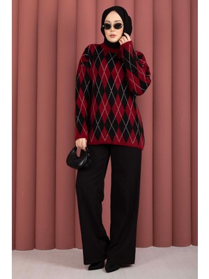 Mo Softie Baklava Desenli Triko Kazak Bordo-Siyah