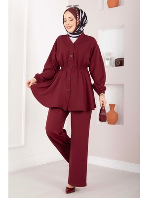 Mat Silva Beli Büzgülü Tunik Takım Bordo