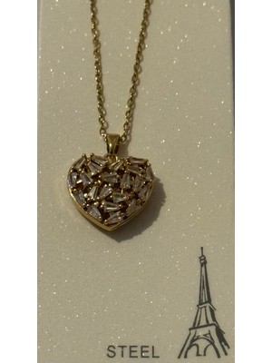 Stainless Steel Baget Taşlı Kalp Kolye