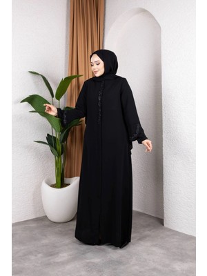 Butik Sultan Siyah Feracce Dokuma Kumaşlı Kadın Ferace Desenli Özel Detaylı 52 Beden