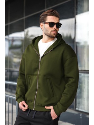 Madmext Haki Fermuarlı Kapüşonlu Erkek Hırka E7174