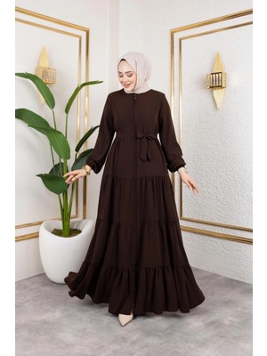 Butik Medine Ipeği 3 Kat Büzgülü Feracce Kahverengi Dokuma Kumaşlı Kadın Elbise