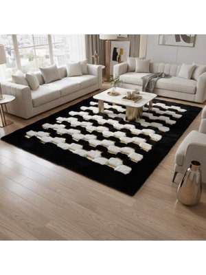 Siyah Zeminli Beyaz, Altın Geometrik Desenli Peluş Halı – Yumuşak Dokulu