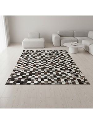 Siyah, Kahverengi ve Beyaz Tonlu Dana Derisi Patchwork Halı