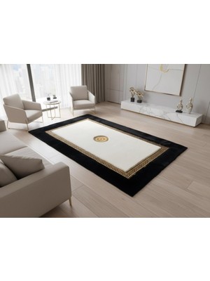 Siyah Zeminli Beyaz Merkezli Altın Detaylı Peluş Halı – Yumuşak Dokulu