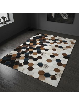 Siyah, Bej ve Kahverengi Tonlu Dana Derisi Patchwork Halı