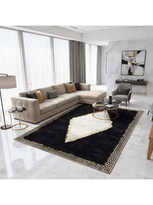 Siyah Zeminli Toscana Kürk Halı – Kaymaz Tabanlı Premium Tasarım