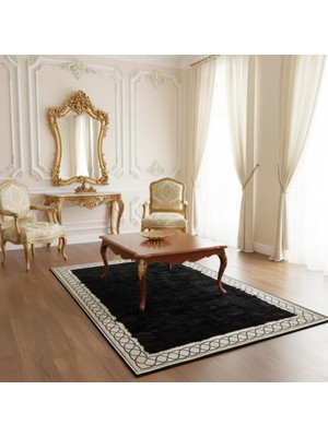 Zarif Bordürlü Siyah Toscana Kürk Salon Halısı – Modern ve Şık Tasarım