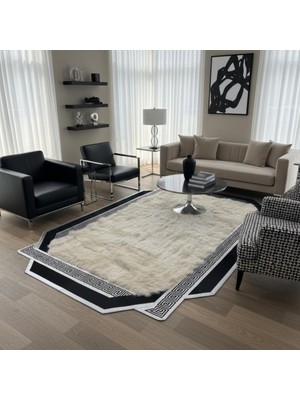 Siyah Bordürlü Krem Toscana Kürk Halı – Kaymaz Tabanlı Premium Tasarım