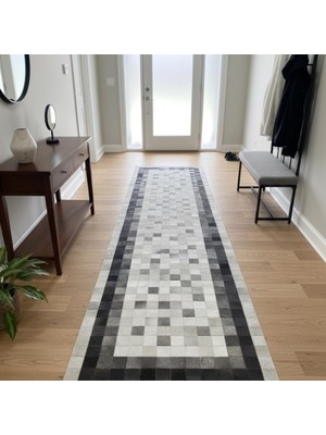 Siyah Çerçeveli Bej Tonlu Dana Derisi Patchwork Runner Halı