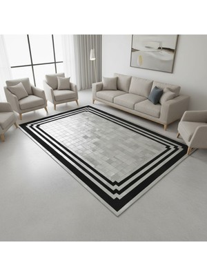 Siyah ve Gri Bordürlü Dana Derisi Patchwork Halı