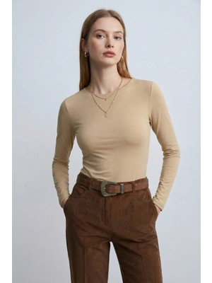 Qaju Kadın Uzun Kollu Bisiklet Yaka Basic Bluz -Ten