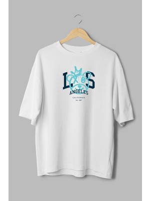 Overoz Teddy Bear Los Angeles Baskılı Yarı Oversize Beyaz T-Shirt 1134