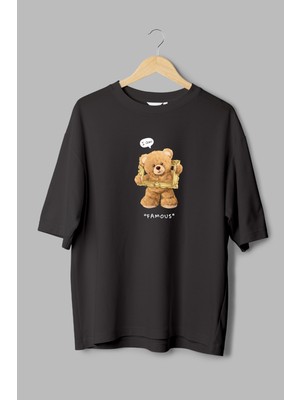 Overoz Teddy Bear I'm Famous Baskılı Yarı Oversize Siyah T-Shirt 1140