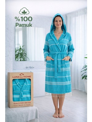 Luna %100 Pamuk Peştemal Bornoz Kapüşonlu Unisex- Turkuaz