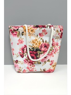 Zero Land Storozde Gül Desenli Plaj Çantası-Pembe