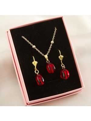 Zero Land Storozde Cam Sanatı Murano Nar Tanesi Kutulu Set Kolye-Kırmızı