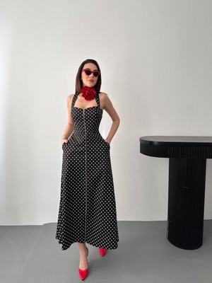 Lokadi Kadın Siyah Puantiyeli Fermuar Detaylı Elbise