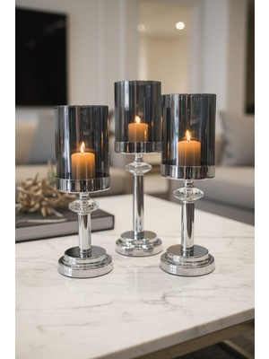 Furkan Metal Kristal Taşlı Büyük Camlı Gümüş Mumluk Şamdanlık