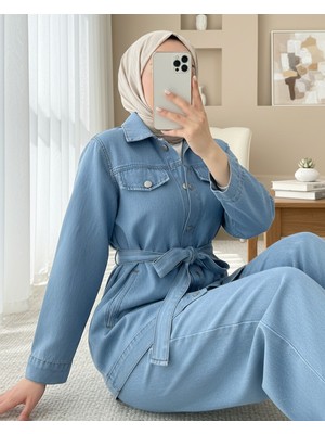 Moda Morfo Düğmeli Beli Kemerli Cepli Kot İkili Takım -Açık Mavi