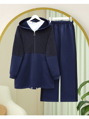 Modamorfo Yarım Fermuarlı Sim Detaylı Kapşonlu Üç İplik Takım  -Laci