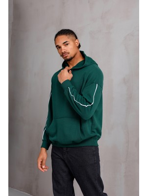 Unisex Şeritli Oversize Kapüşonlu Kanguru Cepli Kordonlu Sweatshirt