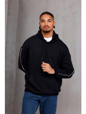 Unisex Şeritli Oversize Kapüşonlu Kanguru Cepli Kordonlu Sweatshirt