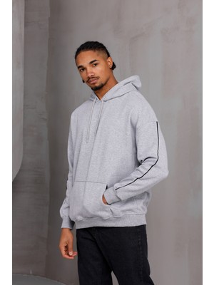 Unisex Şeritli Oversize Kapüşonlu Kanguru Cepli Kordonlu Sweatshirt
