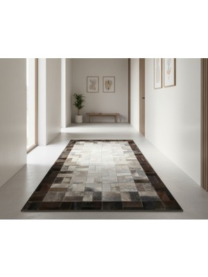 Gri-Kahverengi Çerçeveli Patchwork Dana Derisi Halı