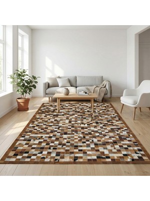 Çok Renkli Kahverengi Tonlu Dana Derisi Patchwork Halı – El Yapımı Doğal Deri Dekoratif Halı