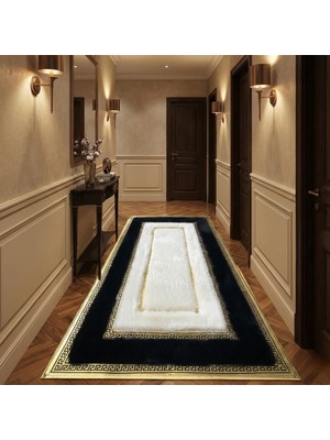 Black And White Plush Runner Rug, Gold Geometric Hallway Carpet