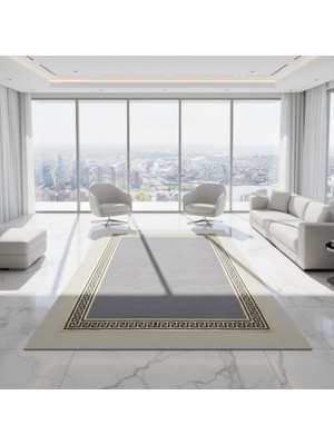 Gri Zeminli Altın Klasik Bordür Detaylı Peluş Halı – Yumuşak Dokulu, Şık ve Dekoratif Halı