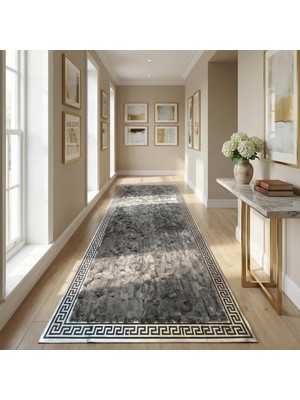 Gri Geometrik Bordürlü Rex Tavşan Kürkü Salon Halısı – Modern ve Şık Tasarım