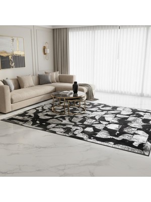 Gri Gümüş Silver Zeminli Siyah Doğal Desenli Dana Derisi Patchwork Halı