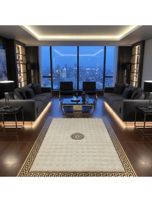 Beyaz Zeminli Merkez Altın Motifli Siyah Altın Çerçeveli Peluş Halı