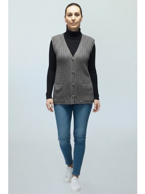 Ece Giyim Kadın Önü Düğmeli Cepli Merserize Yelek
