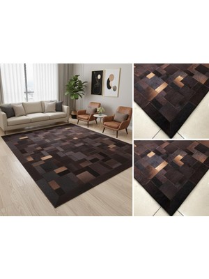 Koyu Kahverengi Tonlu Dana Derisi Patchwork Halı – El Yapımı Doğal Deri Dekoratif Halı