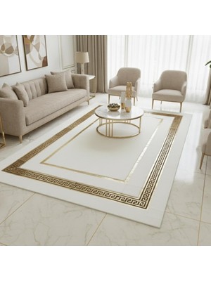 Beyaz Zeminli Çift Katmanlı Altın Çerçeve Detaylı Peluş Halı