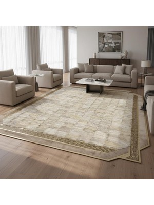 Krem Toscana Kürk Halı, Kaymaz Taban, Özel Ölçü El Yapımı