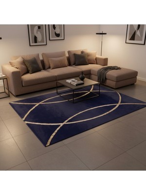 Lacivert Zeminli Altın Kavisli Çizgi Desenli Peluş Halı – Yumuşak Dokulu