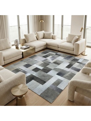 Gri Tonlu Dana Derisi Patchwork Halı – El Yapımı Doğal Deri Dekoratif Halı