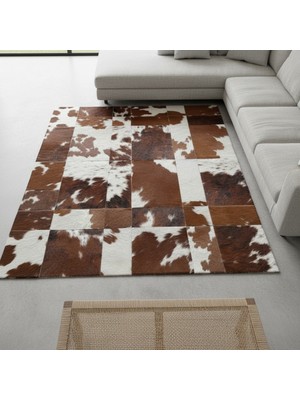 Kahverengi ve Beyaz Desenli Dana Derisi Patchwork Halı – El Yapımı Doğal Deri Dekoratif Halı