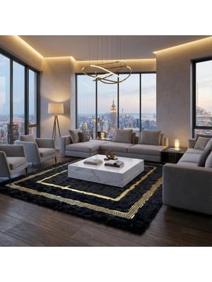 Siyah Altın Bordorlü Toskana Kürk Salon Halısı – Klasik ve Lüks Tasarım
