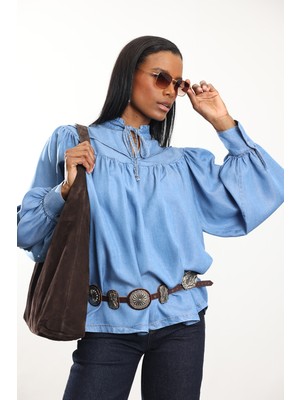 5in1Canpolat Mavi Dökümlü Kot Gömlek 00371