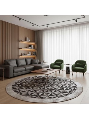 Krem, Gri ve Siyah Tonlarında Yuvarlak Dana Derisi Patchwork Halı