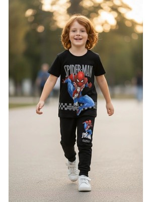 Zekalya Erkek Çocuk Spiderman Baskılı Süprem Penye Üst ve 2 Iplik Alt Takım Siyah