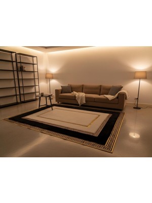 Beyaz Zeminli Siyah ve Altın Bordür Detaylı Peluş Halı
