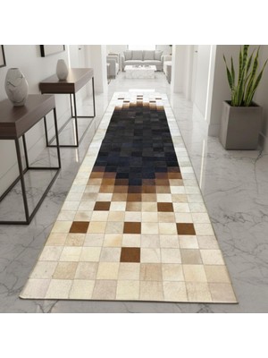 Koyu Merkezli Bej ve Açık Kahverengi Tonlu Dana Derisi Patchwork Runner Halı