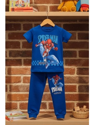 Zekalya Erkek Çocuk Spiderman Baskılı Süprem Penye Üst ve 2 Iplik Alt Takım Mavi