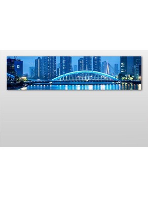 Technopa Mavi Yansıma Şehir Kanvas Tablo - 300x100cm